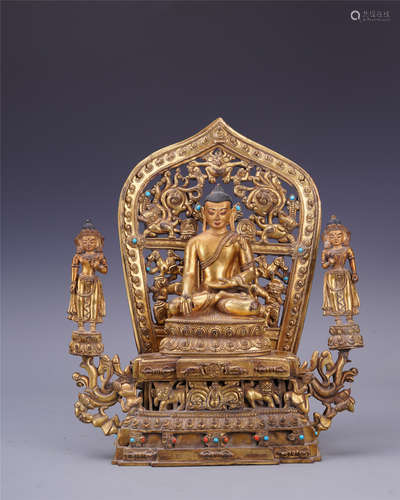 CHINESE GILT BRONZE SEATED BUDDHA ON BASE AND NICHE