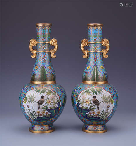 PAIR OF CHINESE CLOISONNE BIRD AND FLOWER VASES