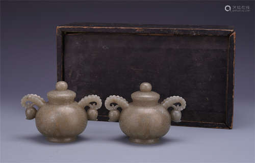 PAIR OF CHINESE JADE GOLD PAINTED LIDDED JARS