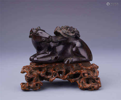 CHINESE HARDWOOD ZITAN DEER WITH LINGCHI TABLE ITEM