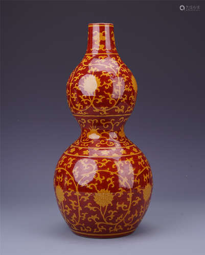 CHINESE PORCELAIN RED GLAZE YELLOW FLOWER DOUBLE VASE