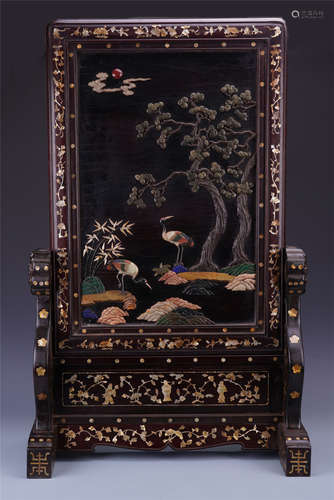 CHINESE GEM STONE MOTHER OF PEARL INLAID ROSEWOOD FLOOR SCREEN