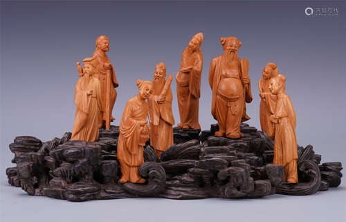 CIHNESE BOXWOOD EIGHT IMMORTALS ON ROSEWOOD BASE