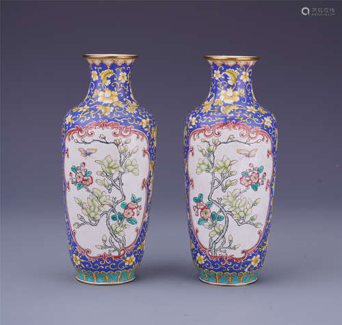 PAIR OF CHINESE ENAMEL FLOWER VASEDS