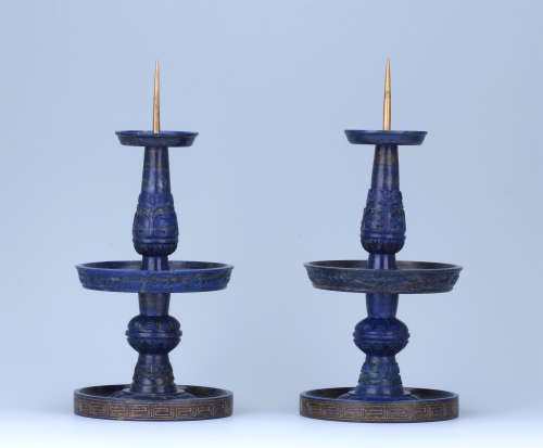 PAIR OF CHINESE LAPIS CANDLE HOLDERS