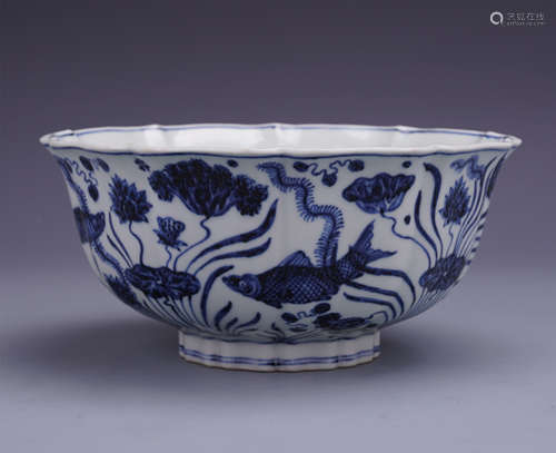 CHINESE PORCELAIN BLUE AND WHITE FISH AND WEED BOWL