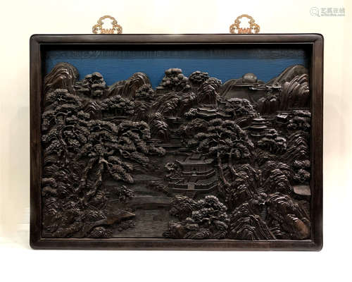 CHINESE HARDWOOD ZITAN CARVED WALL HANGED SCREEN