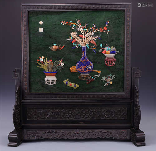 CHINESE GEM STONE INLAID PLAQUE ROSEWOOD TABLE SCREEN