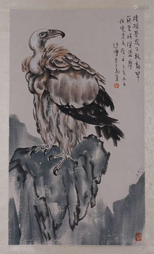 CHINESE SCROLL PAINTING OF EAGLE ON ROCK