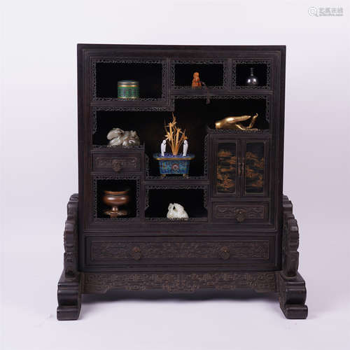 A SET OF EIGHT CHINESE SCHOLAR'S OBJECT IN HARDWOOD ZITAN TREASURE CABINET