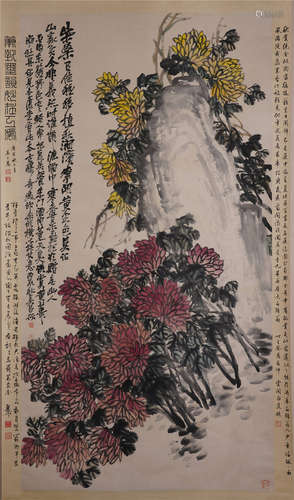 CHINESE SCROLL PAINTING OF FLOWER AND ROCK WITH CALLIGRAPHY