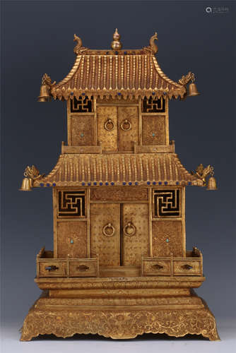 CHINESE GILT BRONZE PAVILION BUDDHIST TWO LAYER NICHE