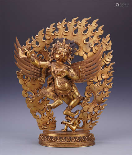 TIBETAN GILT BRONZE STANDING BUDDHIST GUARDIAN