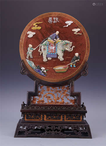 CHINESE GEM STONE INLAID ROUND PLAQUE ROSEWOOD BOXWOOD TABLE SCREEN