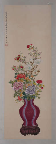 CHINESE SCROLL PAINTING OF FLOWER IN VASE