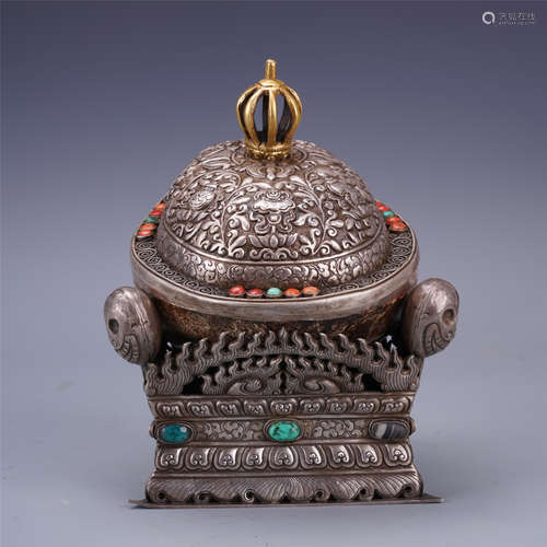 TIBETAN GEM STONE INLAID SILVER BUDDHIST RITAL VESSEL