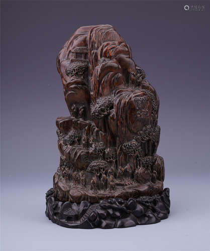 CHINESE AGALWOOD SCHOLAR'S ROCK ON ROSEWOOD BASE