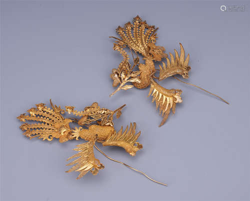 PAIR OF CHINESE GILT SILVER PHOENIX HAIR PINS