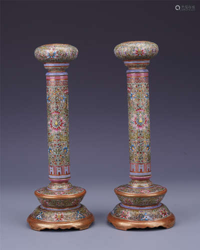 PAIR OF CHINESE PORCELAIN FAMILLE ROSE FLOWER CANDLE HOLDERS