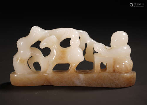 CHINESE WHITE JADE BOY AND DEER TABLE ITEM