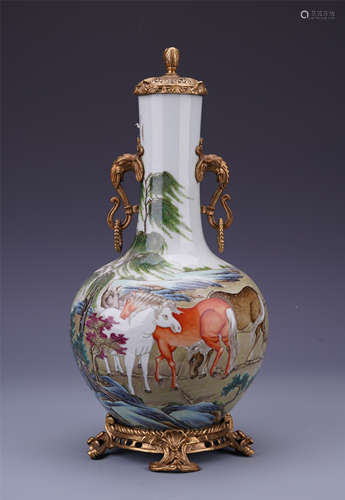 CHINESE PORCELAIN FAMILLE ROSE HORSE VASE