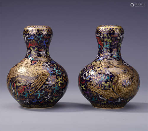 PAIR OF CHINESE CLOISONNE DRAGON PHOENIX VASES