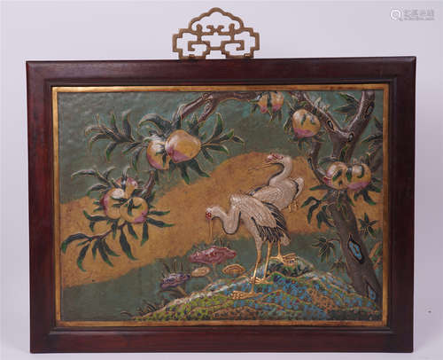 CHINESE CLOISONNE CRANE AND PEACH ROSEWOOD WALL HANGED SCREEN