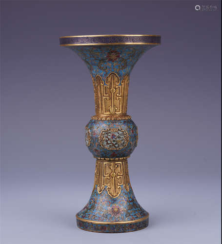 CHINESE CLOISONNE GILT BRONZE FLOWER GU VASE QING DYNASTY