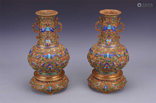 PAIR OF CHINESE GEM STONE INLAID GILT SILVER ENAMEL VASES