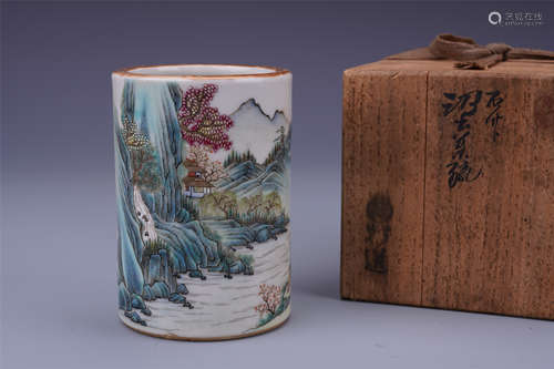 CHINESE PORCELAIN FAMILLE ROSE MOUNTAIN VIEWS BRUSH POT