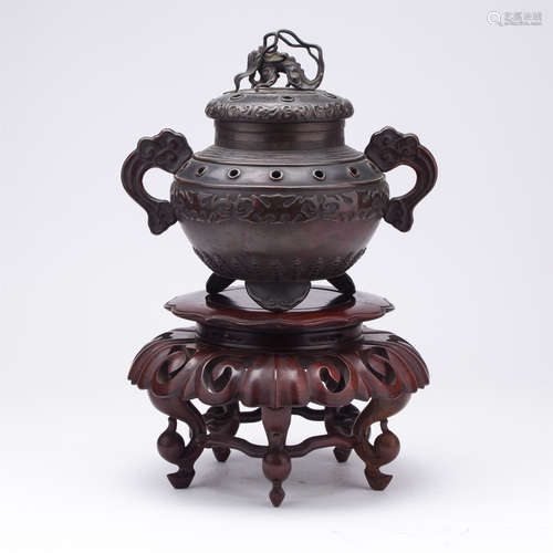 CHINESE BRONZE LIDDED CENSER ON ROSEWOOD BASE