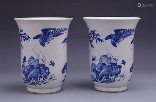 PAIR OF CHINESE PORCELAIN BLUE AND WHITE BIRD AND FLOWER PLANTERS