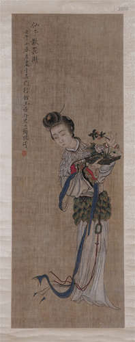 CHINESE SCROLL PAINTING OF BEAUTY WITH FLOWER