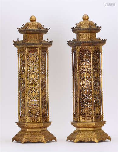 PAIR OF CHINESE GILT BRONZE PAVILION INCENSE CAGES