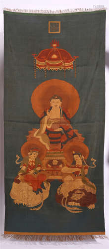 CHINESE EMBROIDERY KESI SEATED BUDDHA TAPESTRY