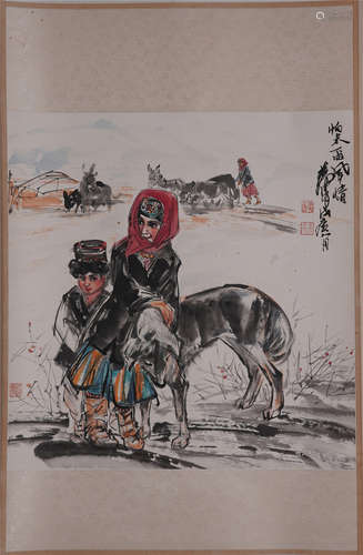 CHINESE SCROLL PAINTING OF KID AND DOG