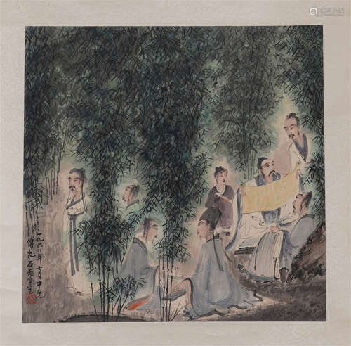 CHINESE SCROLL PAINTING OF FIGURES IN BAMBOO