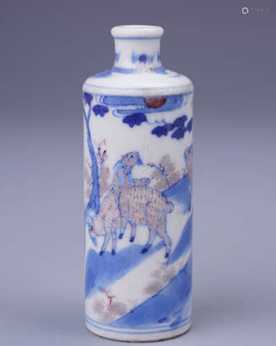 CHINESE PORCELAIN BLUE AND WHITE RED UNDER GLAZE DEER SNUFF BOTTLE