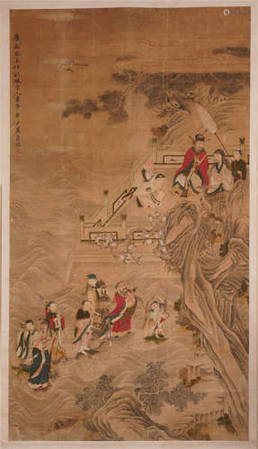 CHINESE SCROLL PAINTING OF FIGURES IN MOUNTAIN