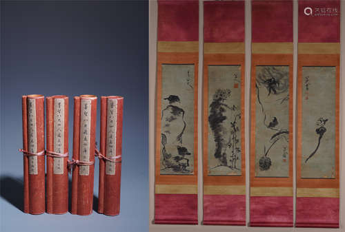 FOUR PANELS OF CHINESE SCROLL PAINTING OF BIRD AND ROCK