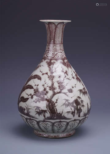 CHINESE PORCELAIN RED UNDER GLAZE BAMBOO PINE YUHUCHUN VASE