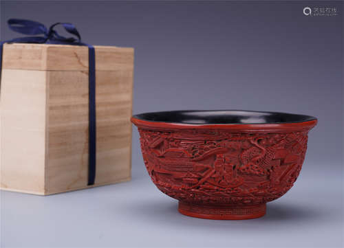 CHINESE CINNABAR FIGURE IN PALACE BOWL