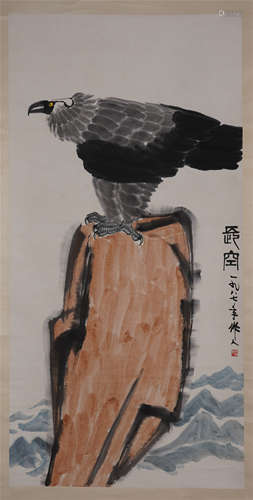 CHINESE SCROLL PAINTING OF EAGLE ON ROCK