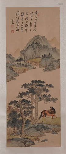 CHINESE SCROLL PAINTING OF HORSE IN MOUNTAIN