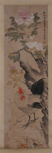 CHINESE SCROLL PAINTING OF ROOSTER AND FLOWER