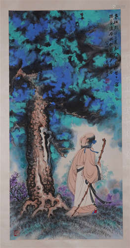 CHINESE SCROLL PAINTING OF MEN UNDER TREE