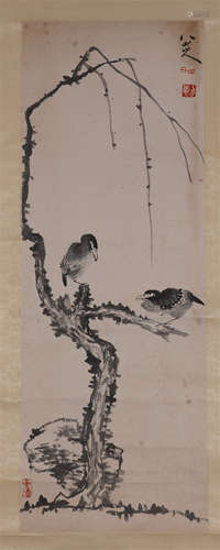 CHINESE SCROLL PAINTING OF BIRD ON TREE