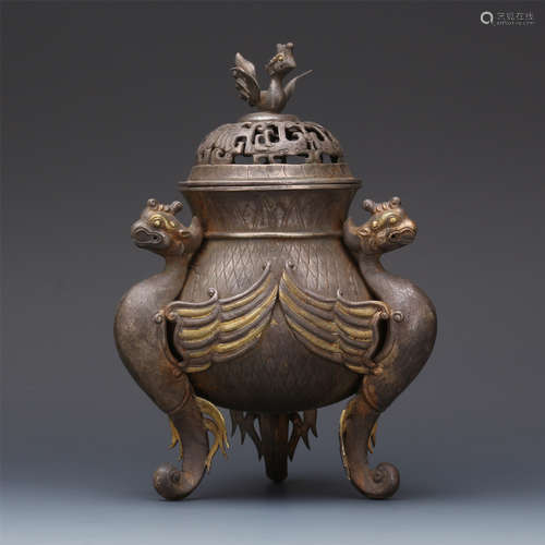 CHINESE SILVER TRIPLE FEET LIDDED PHOENIX CENSER