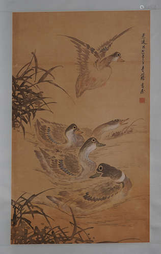 CHINESE SCROLL PAINTING OF BIRDS IN RIVER