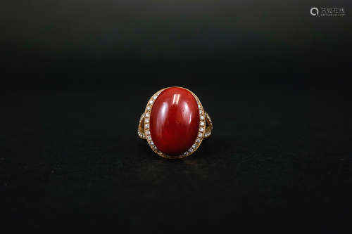 A RED CORAL ROSE GOLD RING